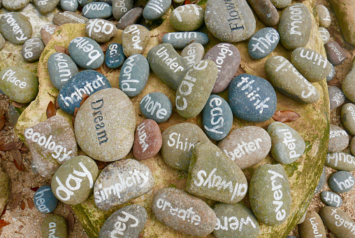 Pile of colorful stones with a different word painted on each