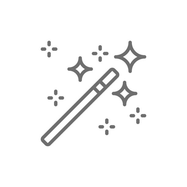 Magic wand with shiny sparkles and stars line icon. Vector magic wand with shiny sparkles and stars line icon. Symbol and sign illustration design. Isolated on white background magic wand stock illustrations
