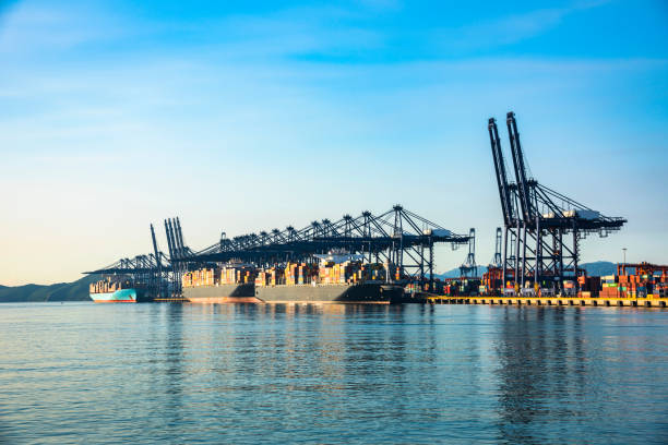 istock Industrial port container crane with a cruise ship 1132400546