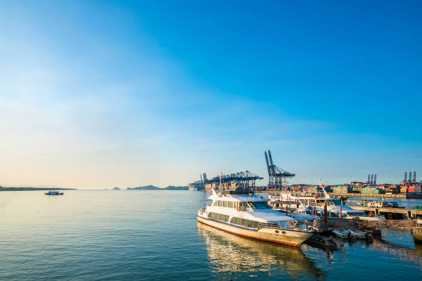 Industrial port container crane with a cruise ship