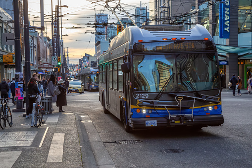 Downtown Vancouver, British Columbia, Canada - December 31, 2018: Bus driving on Granville Street.