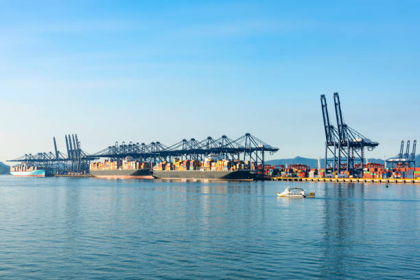 istock Industrial port container crane with a cruise ship 1132402089
