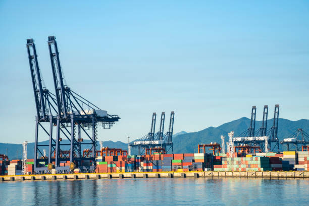 istock Industrial port container crane with a cruise ship 1132402265