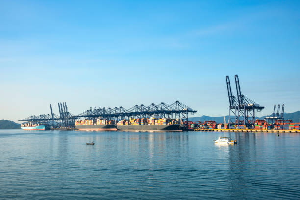 istock Industrial port container crane with a cruise ship 1132402458