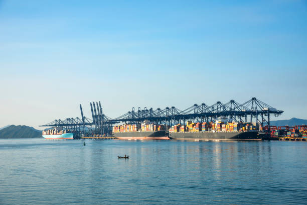 istock Industrial port container crane with a cruise ship 1132403045