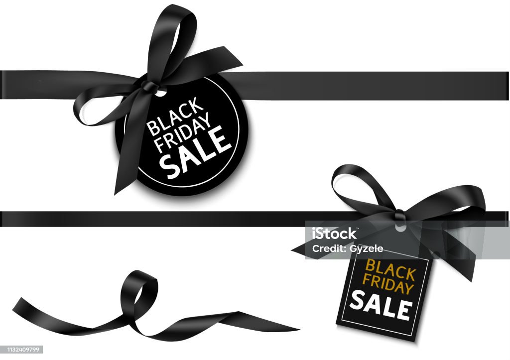 Decorative horizontal black ribbon with bow and sale tag for black friday sale design. Vector decoration and label Black Color stock vector