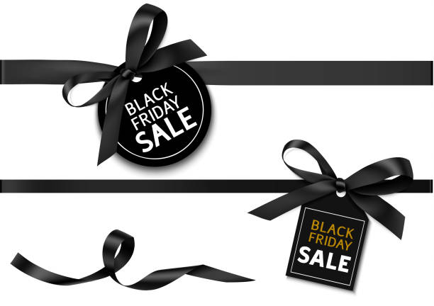 Decorative horizontal black ribbon with bow and sale tag for black friday sale design. Vector decoration and label black friday shopping event illustrations stock illustrations