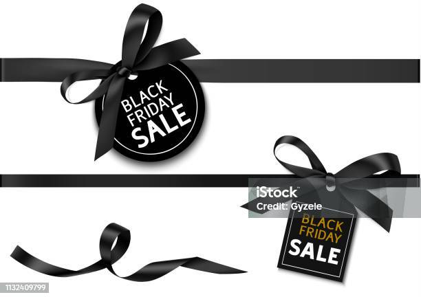 Decorative Horizontal Black Ribbon With Bow And Sale Tag For Black Friday Sale Design Stock Illustration - Download Image Now