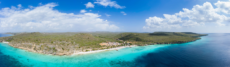 Aerial Panoramic View of Caribbean Sea and Porto Marie Beach in Curacao