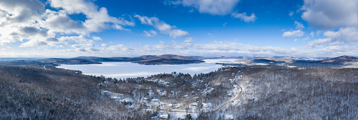 Aerial Panoramic View of Lac St-Joseph in Winter Season, Quebec, Canada