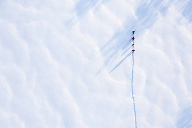 widok z lotu ptaka rodzina rakiety śnieżne na świeżym powietrzu w zimie po burzy śnieżnej - snowshoeing snowshoe child winter zdjęcia i obrazy z banku zdjęć