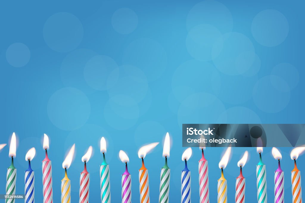 Birthday candles realistic vector illustration Birthday candles realistic vector color illustration. Festive backdrop for design and text. 3d cake candles with bokeh lights. Holiday banner, poster, greeting card, invitation background idea Birthday stock vector