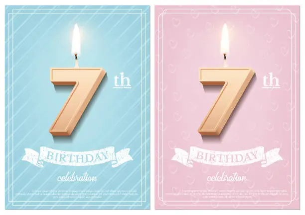 Vector illustration of Burning number 7 birthday candle with vintage ribbon and birthday celebration text on textured blue and pink backgrounds in postcard format. Vector vertical seventh birthday invitation templates.