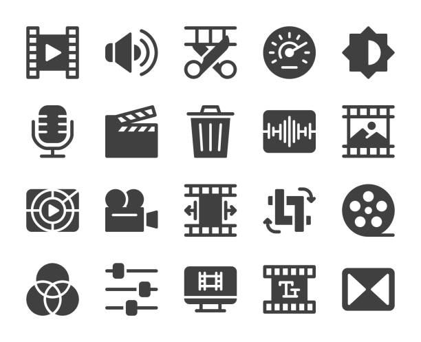 ilustrações, clipart, desenhos animados e ícones de making movie e edição de vídeo-ícones - cut up audio