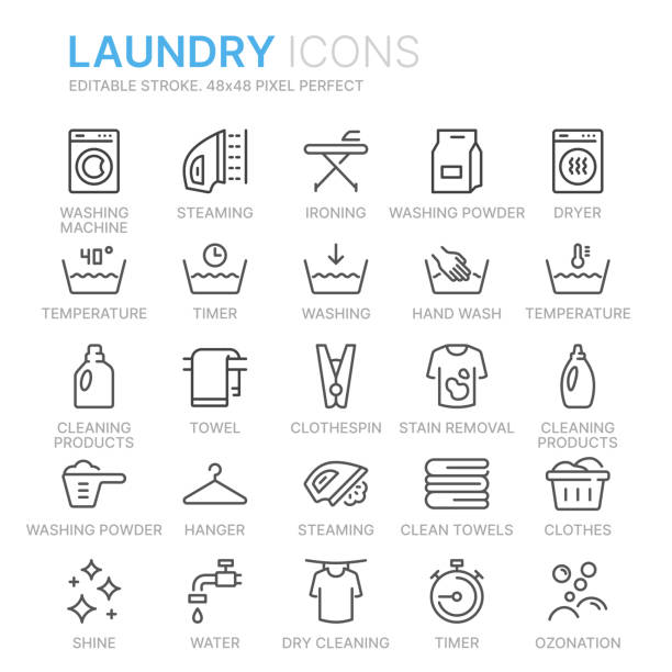 ランドリーラインのアイコンのコレクション。48x48 ピクセルパーフェクト。編集可能なストローク - laundry symbol点のイラスト素材／クリップアート素材／マンガ素材／アイコン素材