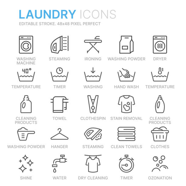 ilustrações, clipart, desenhos animados e ícones de coleção de ícones da linha da lavanderia. 48x48 pixel perfeito. traço editável - bottle symbol cleaning computer icon