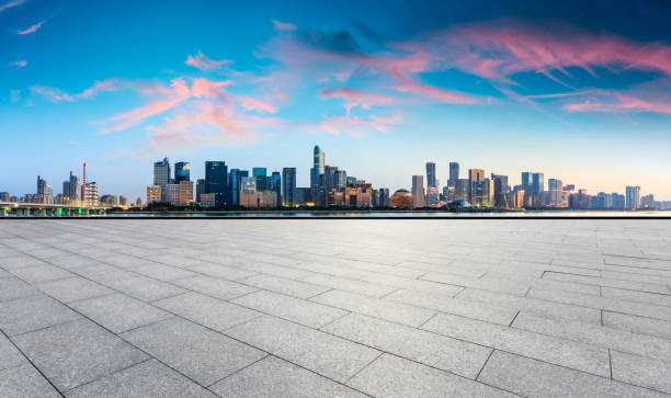 istock Hangzhou beautiful city scenery and empty floor at sunrise 1132416781