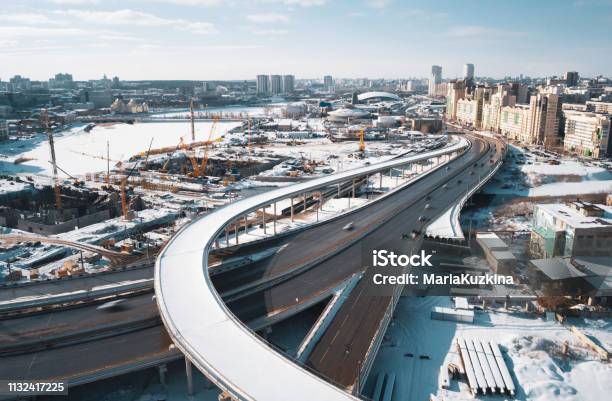 Drone Panoramic View Of Chelyabinsk Snow Cityscape Stock Photo - Download Image Now - High Angle View, Multiple Lane Highway, Snow