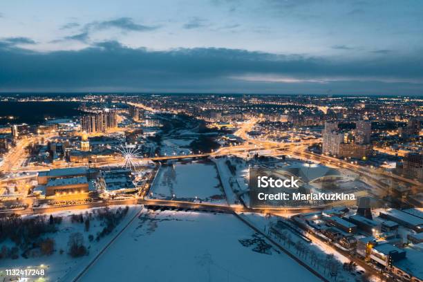 Drone Panoramic View Of Chelyabinsk Snow Cityscape Stock Photo - Download Image Now - Above, Aerial View, Aspirations