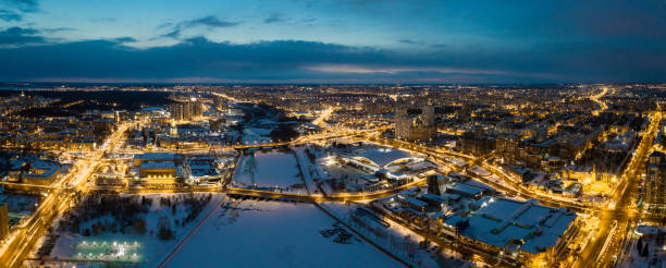 drone panoramic view of Chelyabinsk snow cityscape stock photo