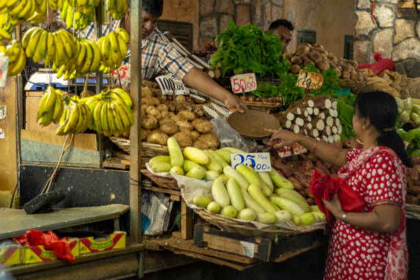 Port Louis, Mauritius - August 21 2018 - Bazar Market with colourful vegetables  and exotic local sceneries. View of Port Louis Market in Mauritius. One of the most visited landmarks of the island. The pictures show the ambiance of the place and the colourful items sold. For Editorial use only.