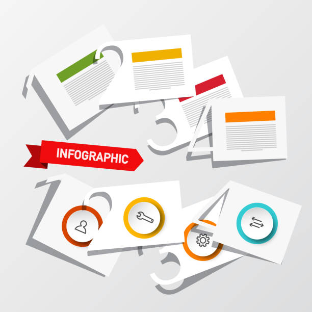 illustrazioni stock, clip art, cartoni animati e icone di tendenza di layout infografico a quattro passaggi con numeri di taglio carta, icone e testi di esempio. progettazione infografica. diagramma di flusso dei dati. - 2417