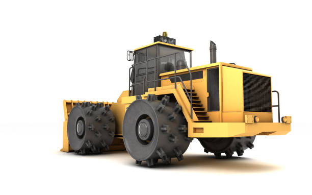 istock Powerfull massive yellow hydraulic earth mover with thorns on wheels isolated on white. 3D illustration. Perspective. Rear side view. Low angle. Left side. Right to left direction. 1132427188