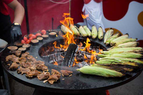 istock Metal circle grill with meat, vegetables 1132428168