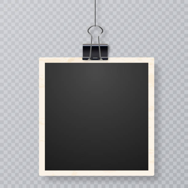 ilustrações de stock, clip art, desenhos animados e ícones de retro realistic frame placed on transparent background. picture frames with shadow hanging with paper clip - photography isolated background objects isolated isolated objects