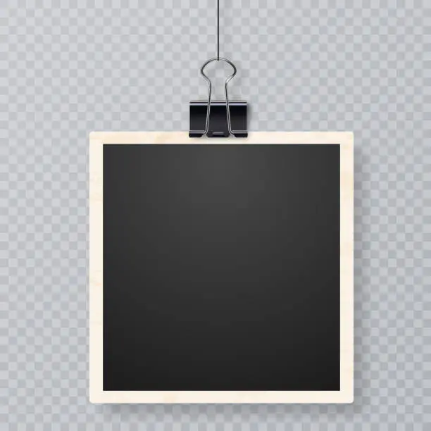Vector illustration of Retro realistic frame placed on transparent background. Picture frames with shadow hanging with paper clip