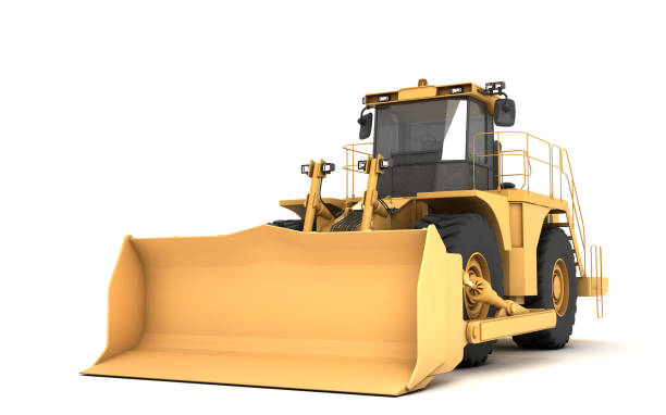 istock Powerful yellow hydraulic wheel bulldozer isolated on white. 3D illustration. Perspective. Front side view. Left side. 1132430288