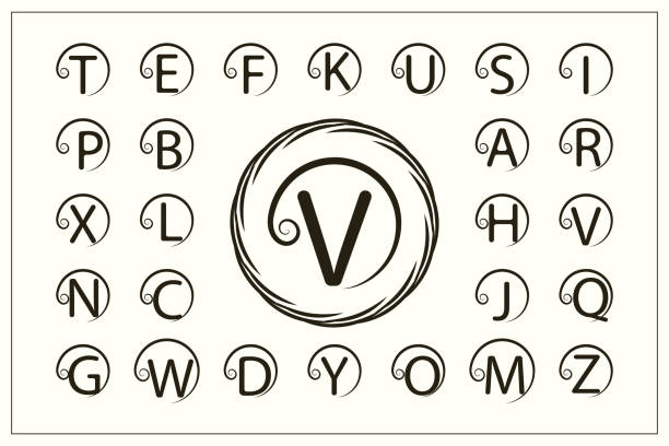 illustrations, cliparts, dessins animés et icônes de ensemble de lettres majuscules élégantes avec une boucle. logos simples. monogramme rond. belle collection. alphabet anglais. embl�ème dessiné. style gracieux. conception de lignes graphiques, insignes. illustration vectorielle - letter n alphabet calligraphy text