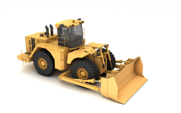 istock High angle view on powerful yellow hydraulic wheel bulldozer isolated on white. 3D illustration. Isometric. Perspective. Front side view. Right side. 1132430332