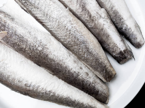 istock Frozen hake fish as food background isolated on white 1132430771