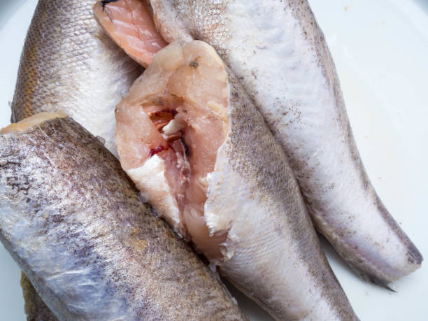 istock raw fish hake carkasses on white plate 1132431348