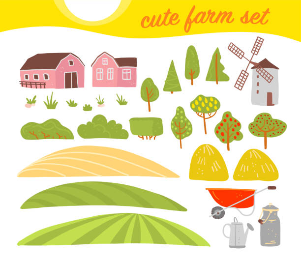 아늑한 농장 요소의 벡터 컬렉션: 집, 정원, 나무, 필드, 건초 더미, 흰색 배경에 고립 된 풍차. - seedbed stock illustrations