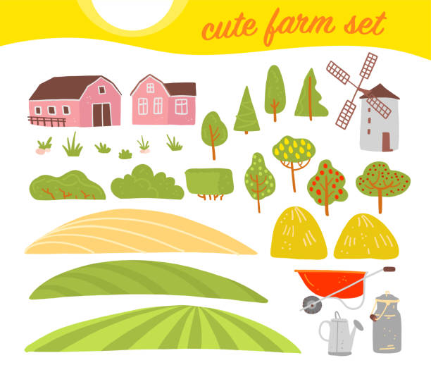 ilustrações de stock, clip art, desenhos animados e ícones de vector collection of cozy farm elements: house, garden, trees, field, haystack, windmill isolated on white background. - seedbed