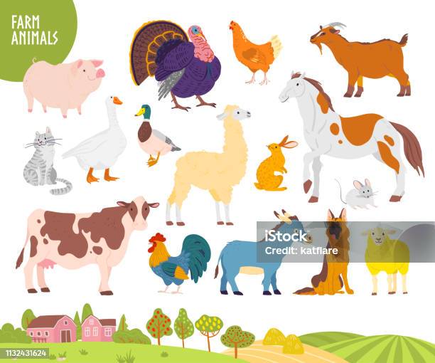 Vector Set Of Farm Animal Pig Chicken Cow Horse Etc With Cozy Village Landscape House Garden Field Stock Illustration - Download Image Now