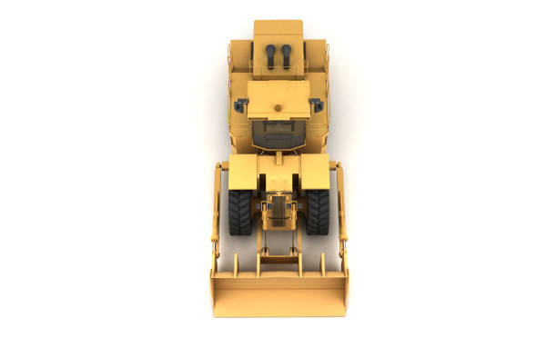 istock Front view from the top on powerful yellow hydraulic wheel bulldozer isolated on white. 3D illustration. Isometric. Front view. High angle. 1132431944