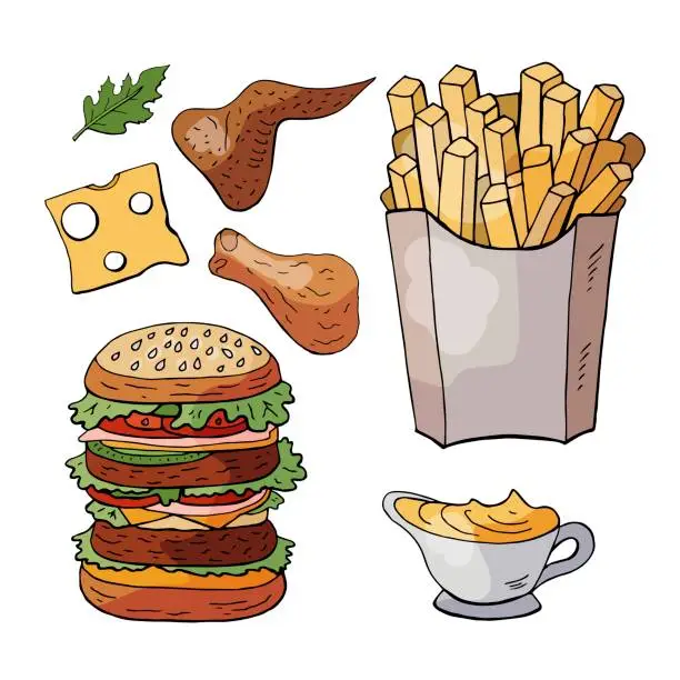 Vector illustration of Set og hand drawn fast food elements. Vector doodle fast food isolated on white background