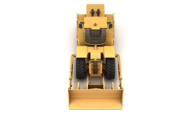 istock Front view from the top on powerful yellow hydraulic wheel bulldozer isolated on white. 3D illustration. Isometric. Front view. High angle. 1132432082