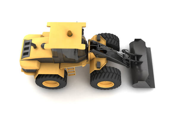 istock Powerful yellow hydraulic bulldozer with black bucket isolated on white. 3D illustration. Top view. Directly above. Right side view. High angle. 1132433521