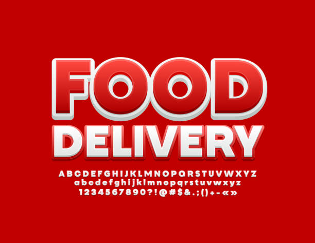 vector modernes emblem food delivery mit roten und weißen alphabet-briefern, zahlen und symbolen - stereoskopische photographie stock-grafiken, -clipart, -cartoons und -symbole