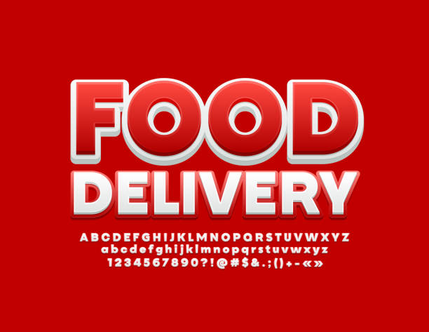 Vector modern emblem Food Delivery with Red and White Alphabet Letters, Numbers and Symbols Bright stylish design 3D Font three dimensional stock illustrations