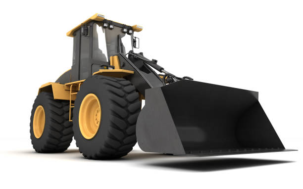 istock Powerful yellow hydraulic bulldozer with black bucket isolated on white. 3D illustration. Perspective. Low angle. Front view. Right side. 1132433671