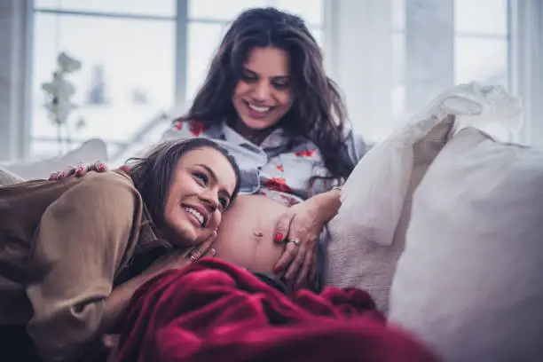 Pregnant woman whit friend in cozy living room.
