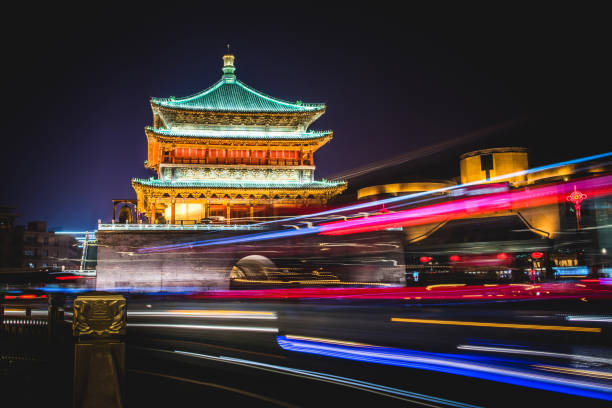notte moderna della città al campanile di xian, cina - china xian contemporary built structure foto e immagini stock