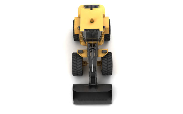 Powerful yellow hydraulic bulldozer with black bucket isolated on white. 3D illustration. Top view. Directly above. Front view. High angle. Powerful yellow hydraulic bulldozer with black bucket isolated on white. 3D illustration. Top view. Directly above. Front view. High angle. brics photos stock pictures, royalty-free photos & images