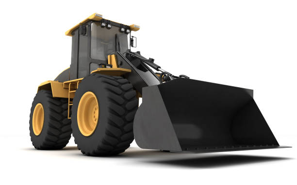 istock Powerful yellow hydraulic bulldozer with black bucket isolated on white. 3D illustration. Perspective. Low angle. Front view. Right side. 1132434800