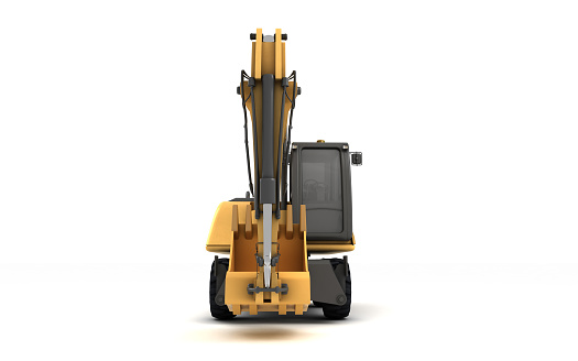 Wheeled hydraulic excavator with bucket isolated on white background. 3d illustration. Front view.